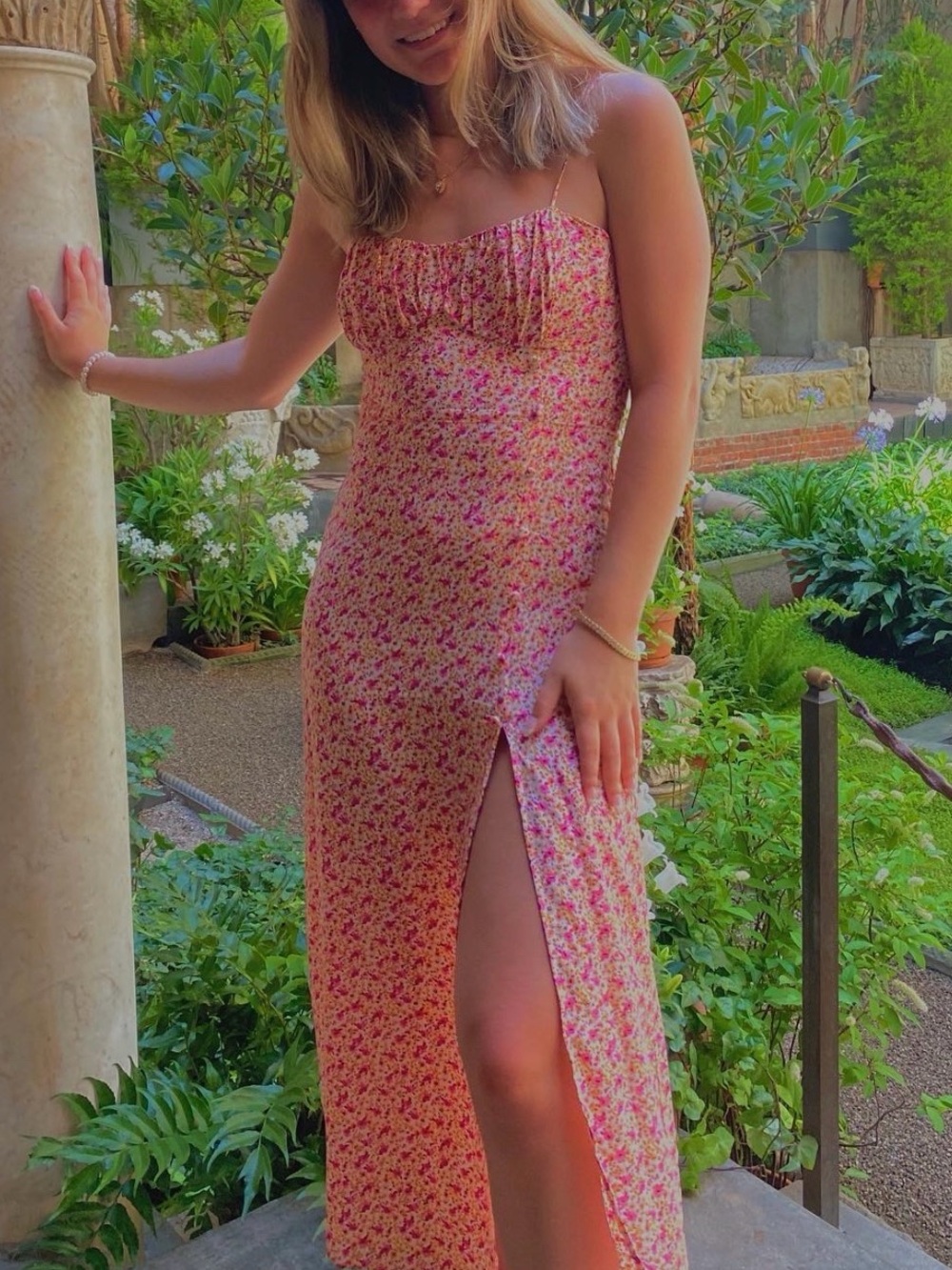 Zara Pink and Yellow Floral Spaghetti Strap Dress